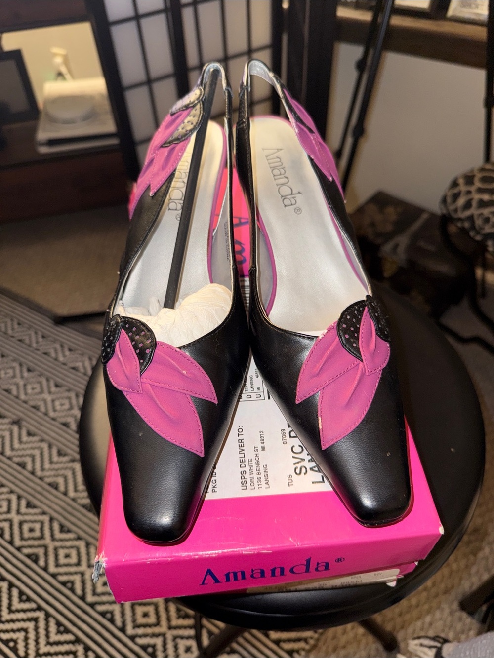 Amanda Black Slingback Heels with Pink Petal Detail